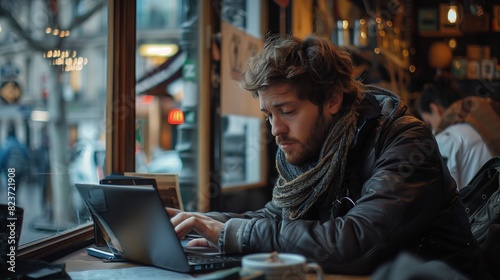 A man is intently working on his laptop at a wooden table in a cozy city cafe. photo