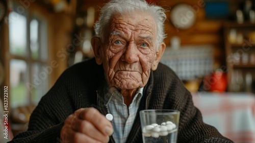 An elderly man holding pills and a glass of water. Treatment, health care, concept of aging