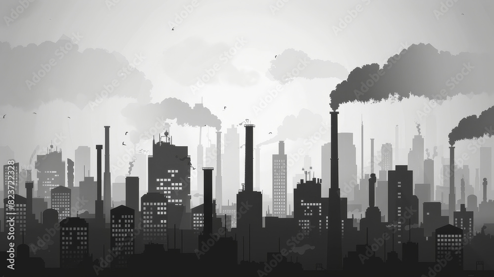 Industrial cityscape with factories emitting smoke into the air, representing pollution and environmental issues in urban areas.