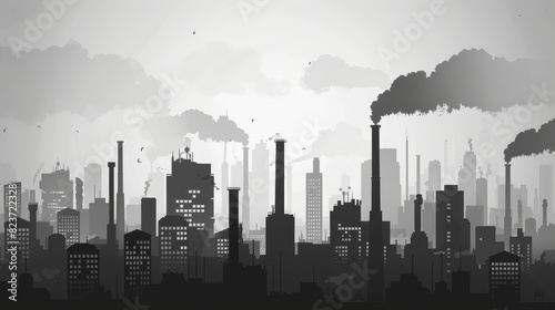 Industrial cityscape with factories emitting smoke into the air, representing pollution and environmental issues in urban areas. photo