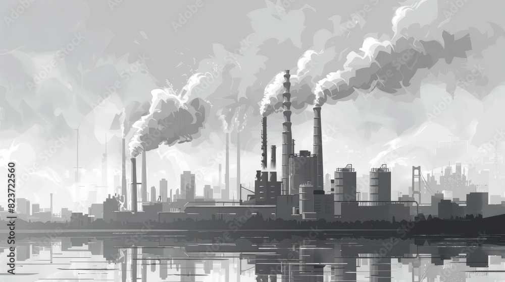 Obraz premium Monochrome industrial landscape with factory chimneys emitting smoke, reflecting on water, depicting pollution and environmental impact.