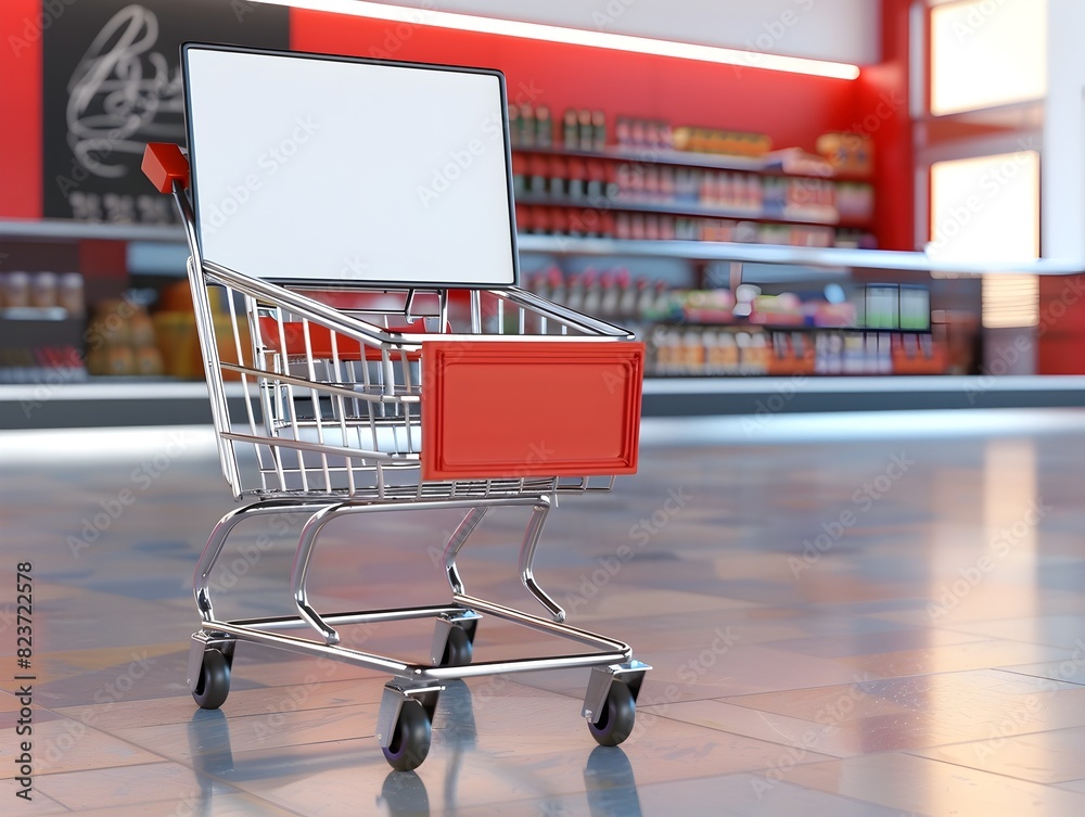 Empty Shopping Cart with Blank Digital Display Near Checkout Counter
