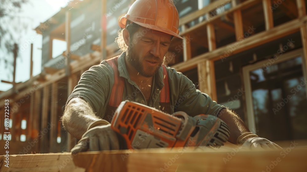 worker wearing safety gear is using a saw to cut a wooden beam at a construction site in an urban area. worker wearing safety gear is using a saw to cut a wooden beam at a construction site in an urban area.