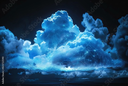 Digital image of ing of clouds made from glowing blue digital connections on a black background, in a simple shape. photo