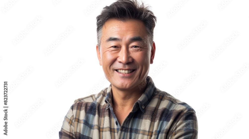 Smiling Asian Senior Man in Casual Attire on White Background Smiling Asian Senior Man in Casual Attire on White Background