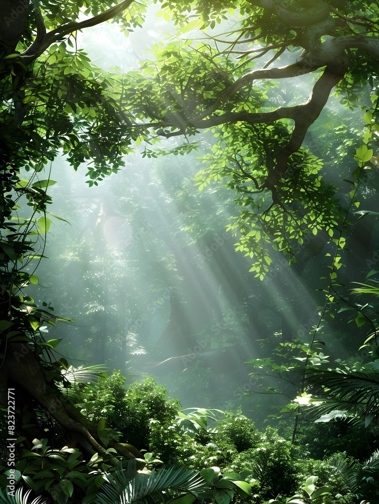 Enchanting Verdant Forest Bathed in Ethereal Sunlight Rays