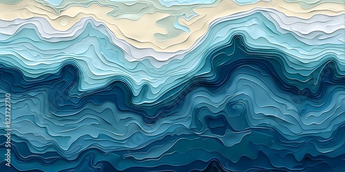 Cerulean Artistic Topographical Ocean Map Stylized Sea Depth Illustration, A topographical map, varying depths and land elevations of a marine landscape in multiple shades of blue