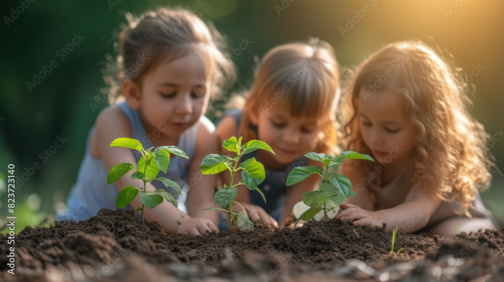 Children planting young tree on earth soil in nature park. Children planting young tree on earth soil in nature park.