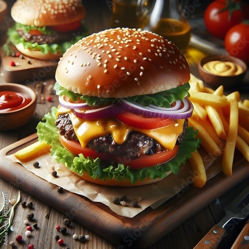 Create your creative design with this amazing image. A juicy cheeseburger with all the fixings mention the ingredients, whether you want fries on the side, and the type of plate and table setting