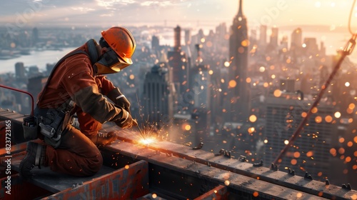 man in a hard hat is seen working on a high-rise building in a busy city. 
