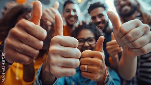 Happy multi ethnic friends group showing thumbs up, smiling diverse young people looking at camera with like gesture recommend good quality racial diversity equality, multiracial friendship, portrait photo