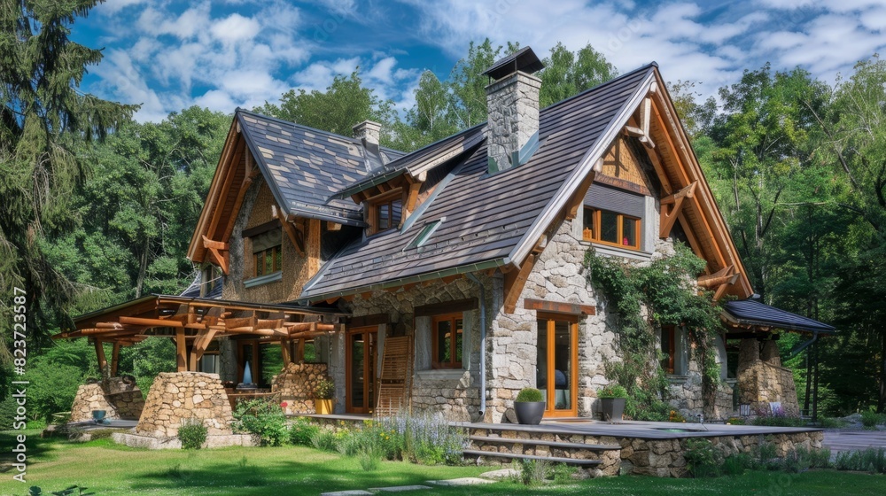 Ecological passive house with a country design, which evokes the tranquility and serenity of life in the countryside. generative ai Ecological passive house with a country design, which evokes the tranquility and serenity of life in the countryside. generative ai