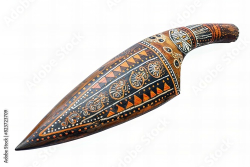 A boomerang with aboriginal art on it, isolated against a white background. the art depicts traditional aboriginal designs