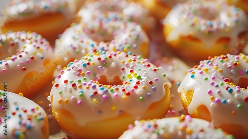 A tantalizing array of sugary doughnuts adorned with colorful sprinkles  tempting the taste buds