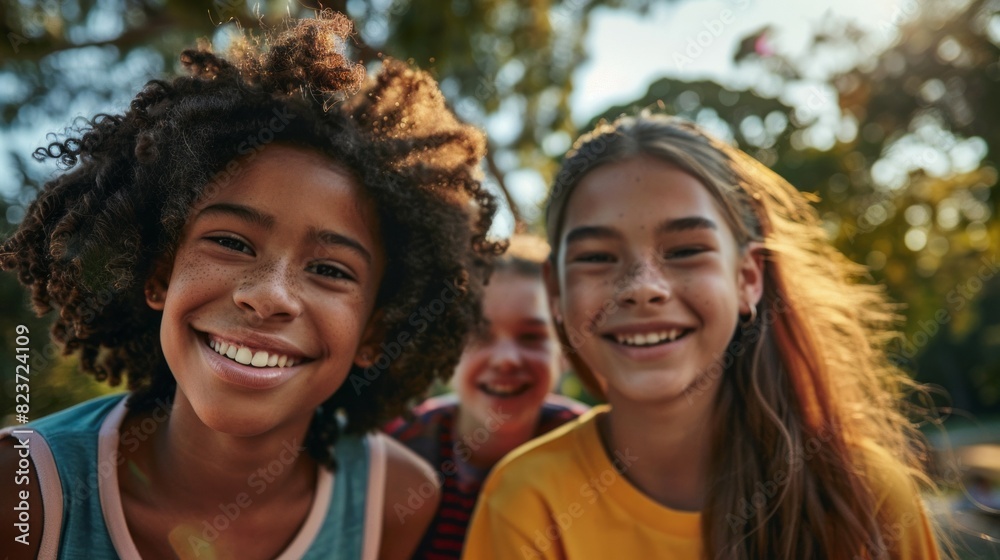 Three young girls are smiling and posing for a picture Three young girls are smiling and posing for a picture
