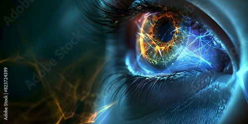 Enhanced vision and color perception in human cyborg eye enhanced by eye drops. Concept Human Cyborg Eye, Enhanced Vision, Color Perception, Eye Drop Enhancement