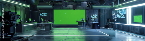 Broadcasting Studio Floor: Showing news desks, cameras, green screens, and broadcasters delivering news reports photo