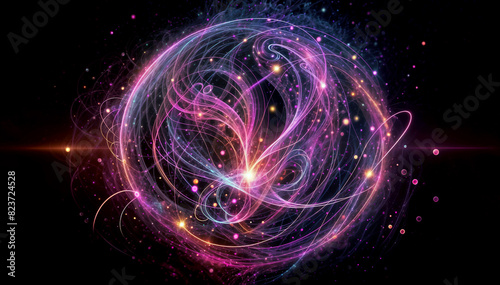 An abstract neon energy sphere composed of particles and waves  glowing magically on a dark background. Circle and loop frames with mystical purple and pink flames and sparks isolated on the backgroun