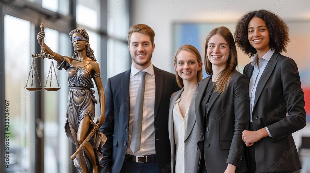 Obraz premium a group of four young lawyers in suits and a Statue of Lady Justice in the office of a law firm. Trainee lawyers in the judicial system. Legal education