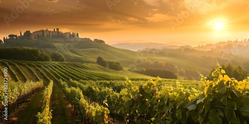Sunset in a Tuscan Vineyard Known for Italy s Finest Wines. Concept Summer Evening  Wine Tasting  Italian Cuisine  Vineyard Tour  Sunset Views