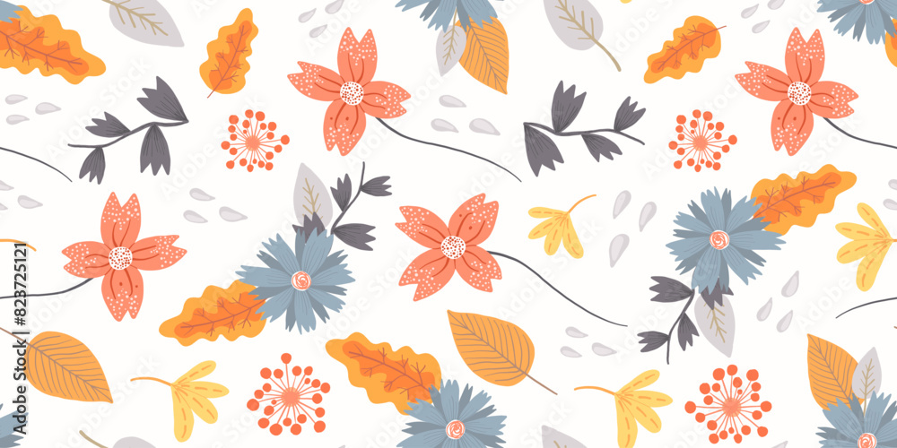 Blue and orange floral seamless pattern with hand drawn daisy flowers and leaves. Cute folk drawing red and gray bouquets of blossoms and herbs print for textile, wrapping paper, surface, wallpaper Blue and orange floral seamless pattern with hand drawn daisy flowers and leaves. Cute folk drawing red and gray bouquets of blossoms and herbs print for textile, wrapping paper, surface, wallpaper