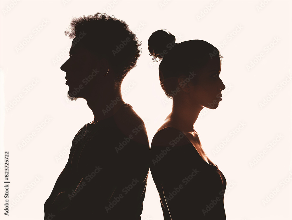 silhouette of a mid-30s hispanic man and black woman standing directly back to back silhouette of a mid-30s hispanic man and black woman standing directly back to back