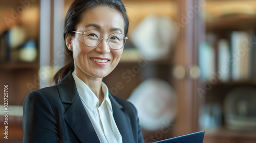 Confident adult Asian female lawyer with glasses holds a folder in her office against the background of bookshelves and smiles softly showing professionalism and experience. copy space photo
