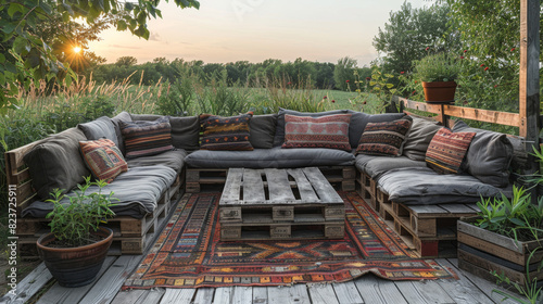 eco-friendly outdoor furniture, upcycled pallet furniture creates a charming outdoor lounge spot, ideal for unwinding with tea, embracing sustainable living in a stylish way © Aliaksandra