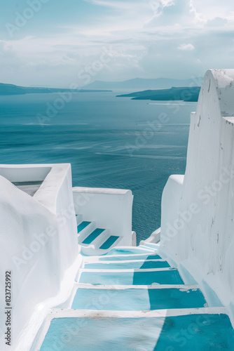 White stone staircases outside a traditional Mediterranean style building overlooking the sea.
