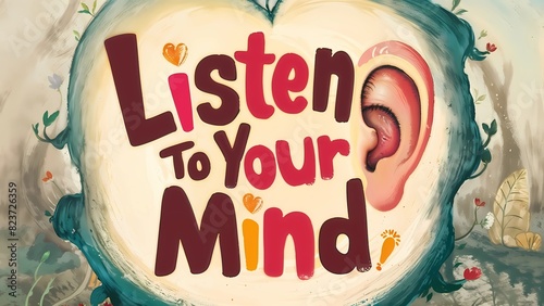 Listen to Your Mind. Typography with ear design, highlighting the importance of being attuned to mental health needs photo