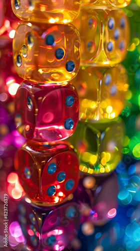 A row of colorful dice with a rainbow effect. Concept of fun and playfulness  as the dice are arranged in a visually appealing and colorful manner. The rainbow effect adds a touch of whimsy