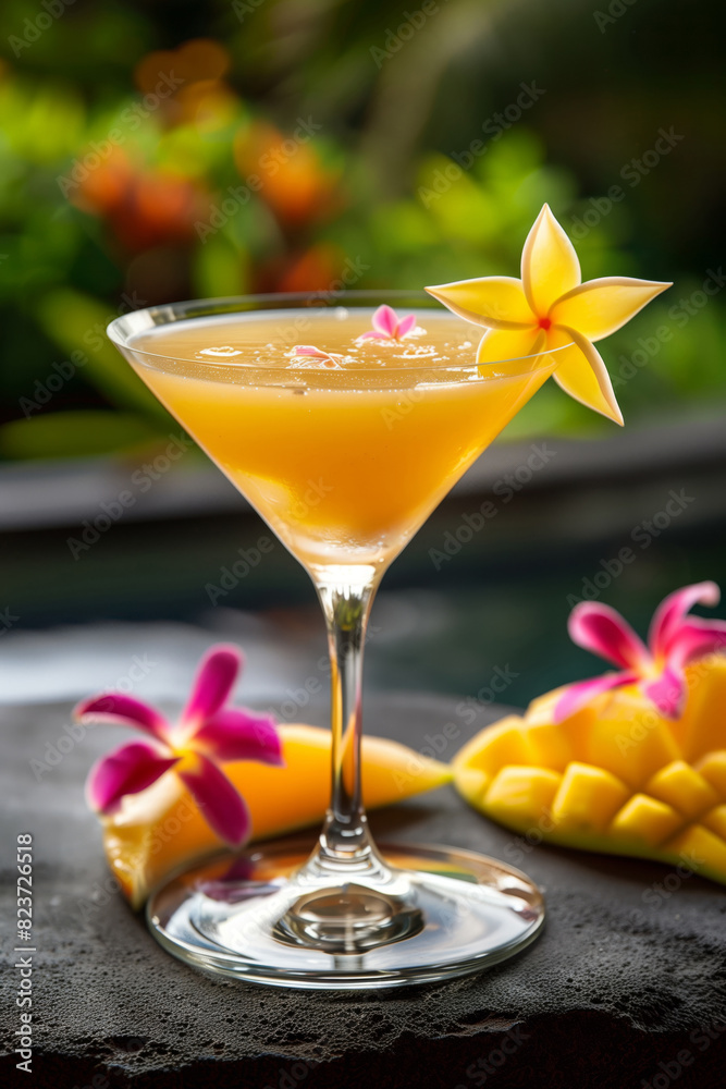 A bright orange cocktail with ith tropical flowers and exotic fruits A bright orange cocktail with ith tropical flowers and exotic fruits