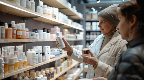 Pharmacist advises customers in the pharmacy, offers body care cosmetics