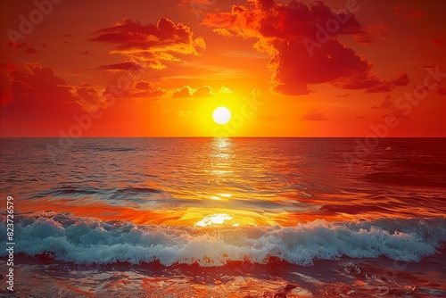Digital artwork of red sunset over the sea with yellow sun on horizon. beautiful landscape background with copy space, nature photography #823726579