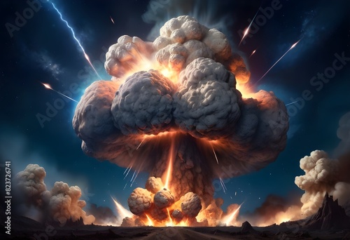 The night sky is suddenly illuminated by a blinding flash as a monstrous asteroid, kilometers in size, slams into the Earth with earth-shaking force. The collision produces a gargantuan explosion photo