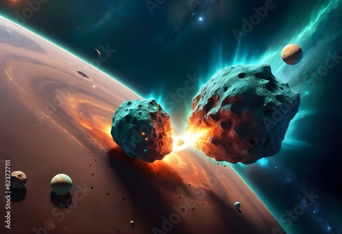 The night sky is suddenly illuminated by a blinding flash as a monstrous asteroid, kilometers in size, slams into the Earth with earth-shaking force. The collision produces a gargantuan explosion photo