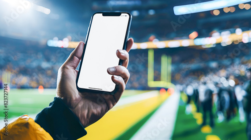 Male hand holding smartphone with blank screen on crowded sports stadium, green field in background, suitable for demonstrating sports betting apps or interacting on social media.
