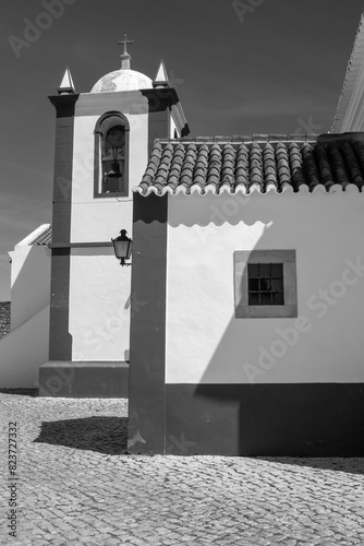 Black and white image of the Church at Cacela Velha, Algarve, Portugal