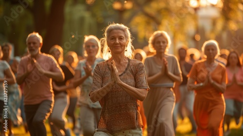 A group of seniors practicing tai chi in the park © Александр Лобач