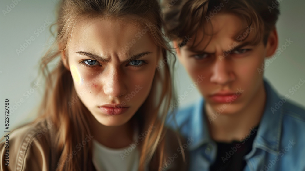 Young girl and boy, staring angrily into the camera Young girl and boy, staring angrily into the camera