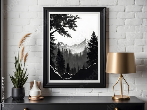Black wooden frame for print mockup design, luxury home decor, interior design, poster, and downloadable art