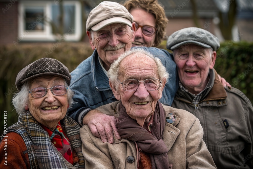 Group of seniors posing in front of a house in the countryside. Group of seniors posing in front of a house in the countryside.