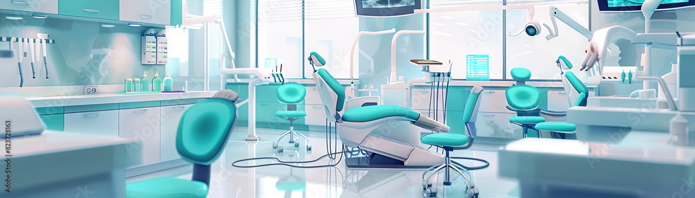 Dental Clinic Floor: Featuring dental chairs, equipment trays, x-ray machines, and dentists and hygienists attending to patients