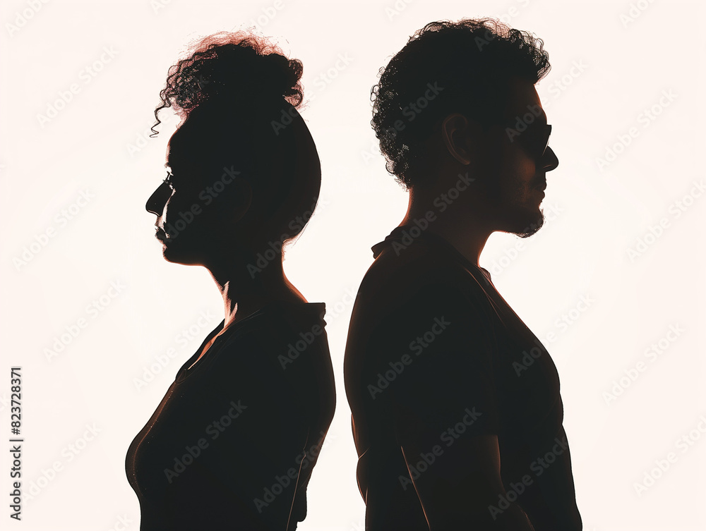 silhouette of a mid-30s hispanic man and black woman standing directly back to back silhouette of a mid-30s hispanic man and black woman standing directly back to back
