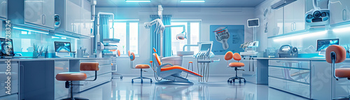 Dental Clinic Floor  Featuring dental chairs  equipment trays  x-ray machines  and dentists and hygienists attending to patients