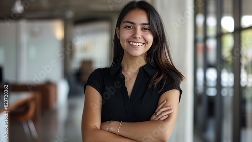 Free Download Portrait of a confident young professional woman smiling, with her arms crossed in a modern office environment, exuding positivity and competence. - GFXLoad