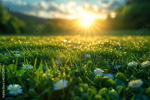 A grassy field with sunlight, high quality, high resolution photo