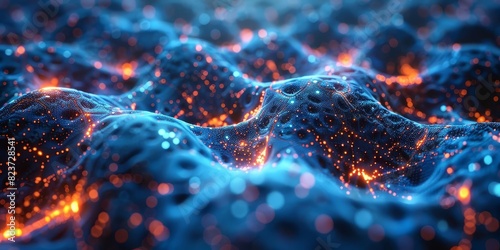 Neuromorphic concept. Abstract macro photography image of blue surface with glowing orange particles, depicting futuristic technology or sci-fi environment. photo