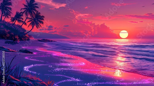 A tranquil beach at sunset with bioluminescent waves, soft pastel skies, and silhouettes of palm trees