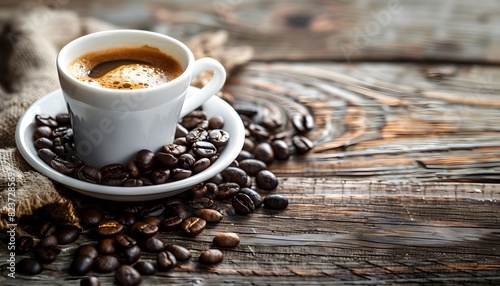 Espresso Coffee Cup With Beans On Vintage Table 